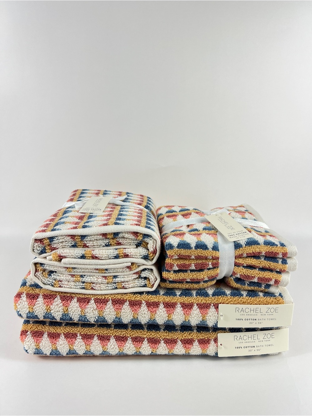 Rachel Zoe Geometric Bath Towel Set Blue Rust Cream 100% Cotton 8 Pc NEW